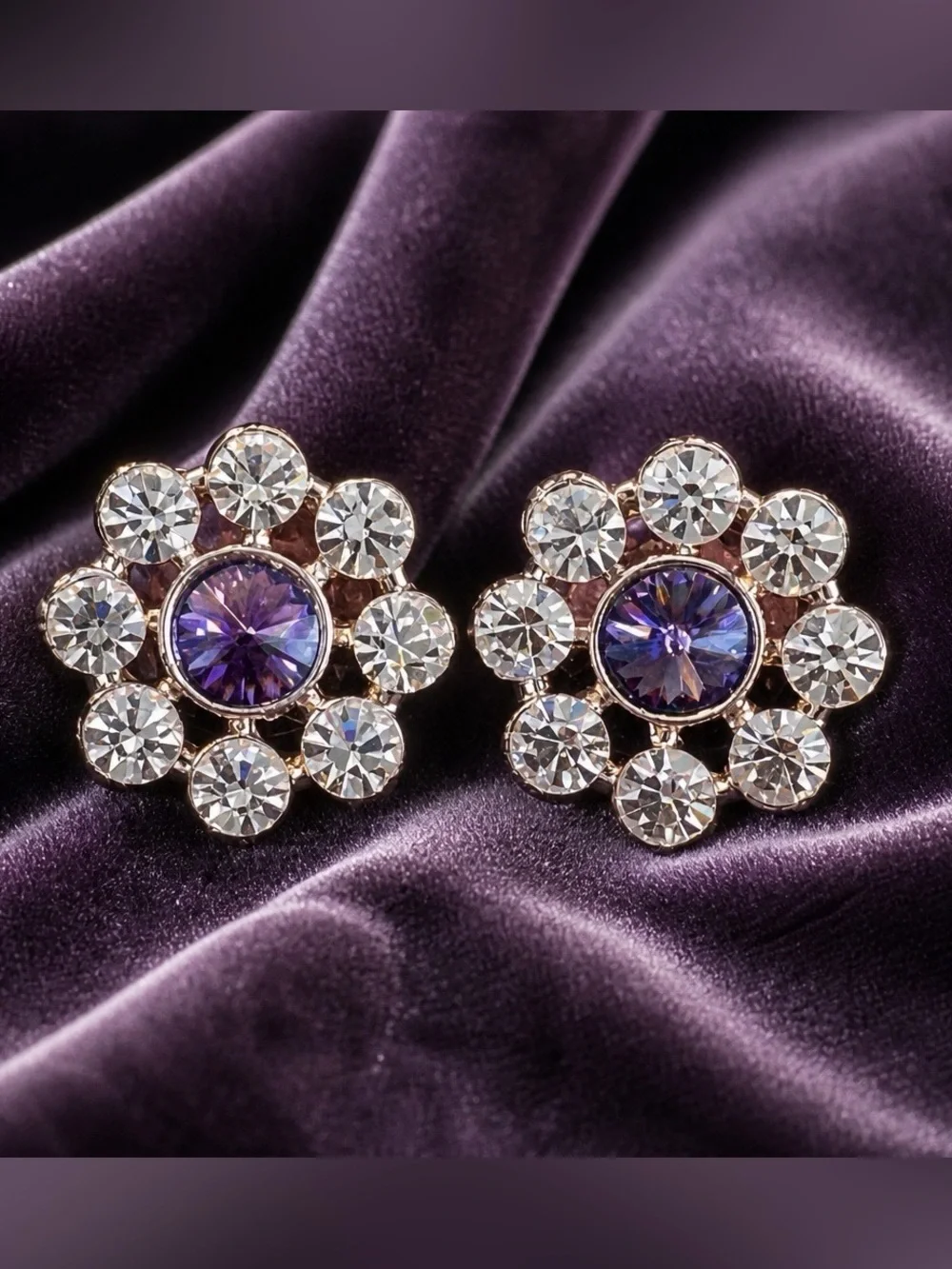 Flower Design Rhinestone Earrings in Clear & Purple for Pierced Ears